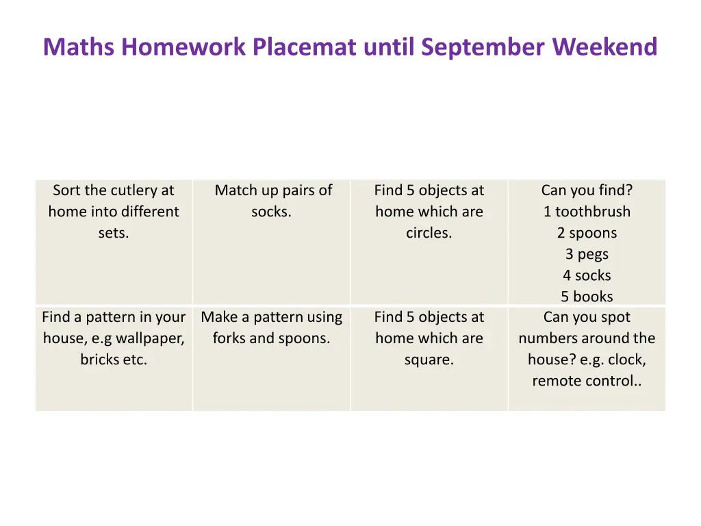 maths homework placemat until september weekend