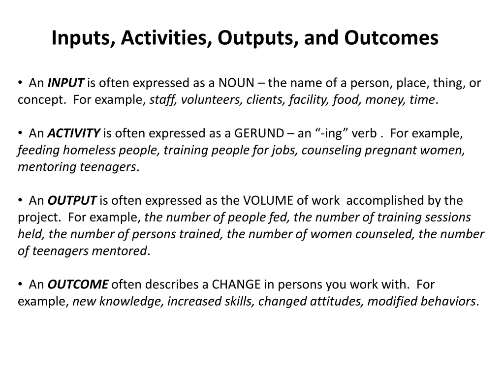 inputs activities outputs and outcomes