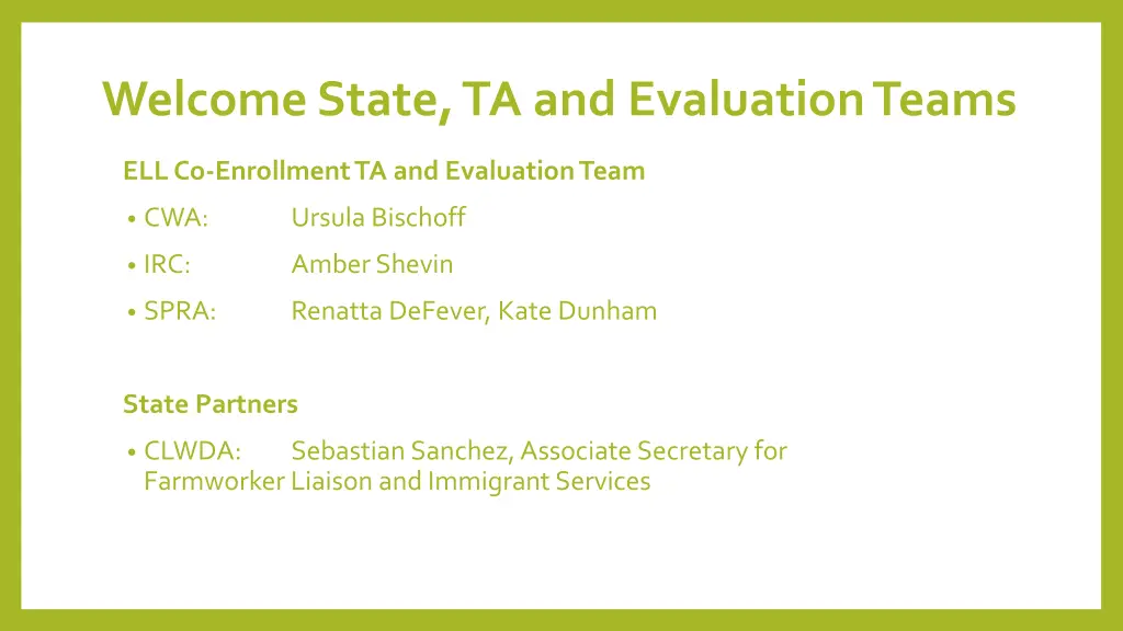 welcome state ta and evaluation teams