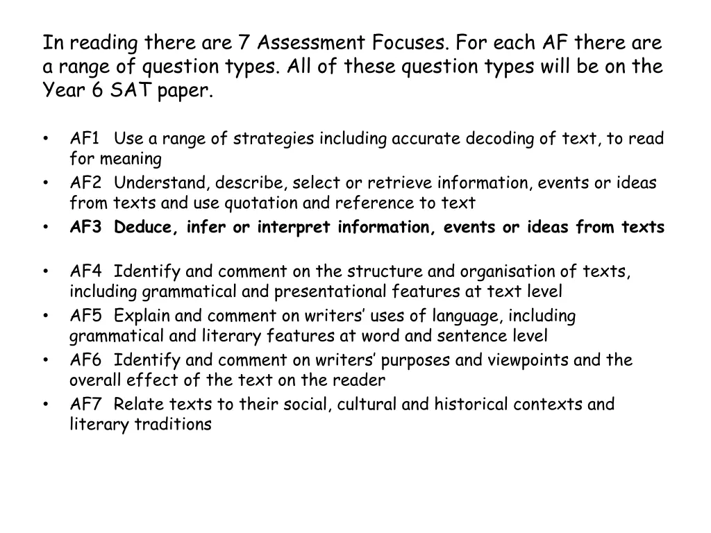 in reading there are 7 assessment focuses