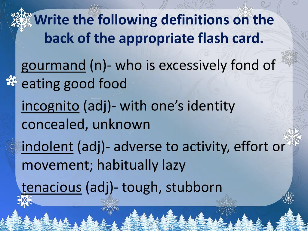 write the following definitions on the back