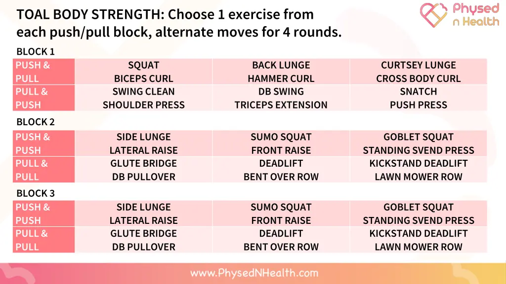 toal body strength choose 1 exercise from each