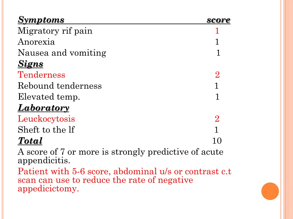 symptoms score migratory rif pain 1 anorexia