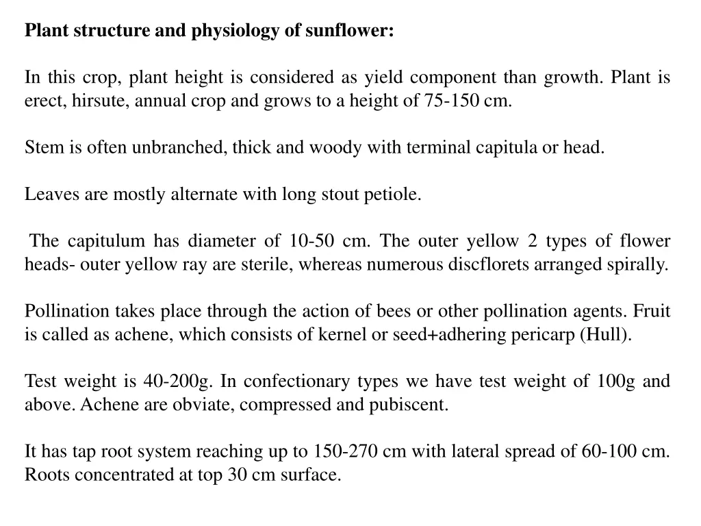 plant structure and physiology of sunflower