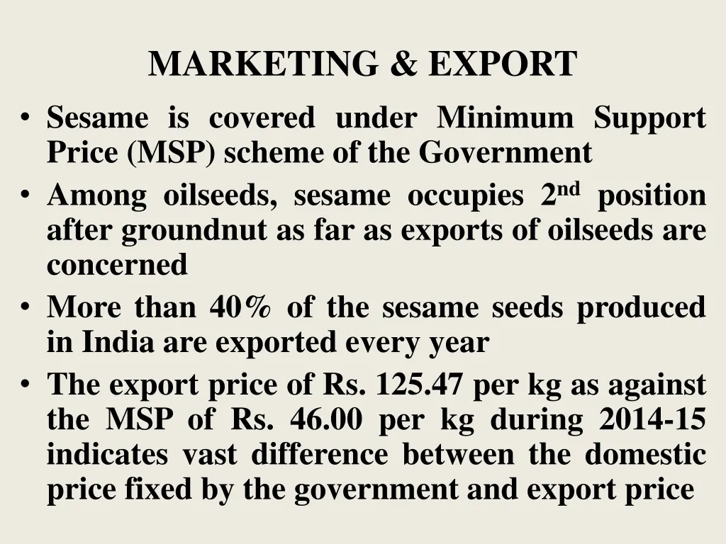 marketing export sesame is covered under minimum