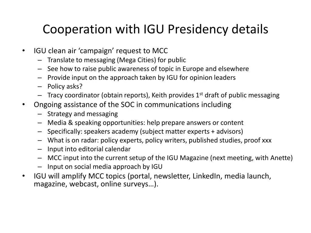 cooperation with igu presidency details