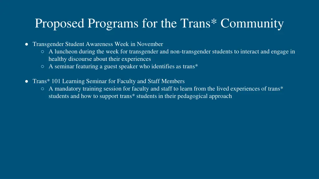 proposed programs for the trans community