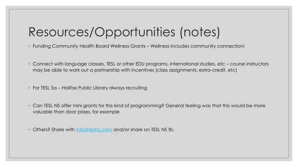 resources opportunities notes