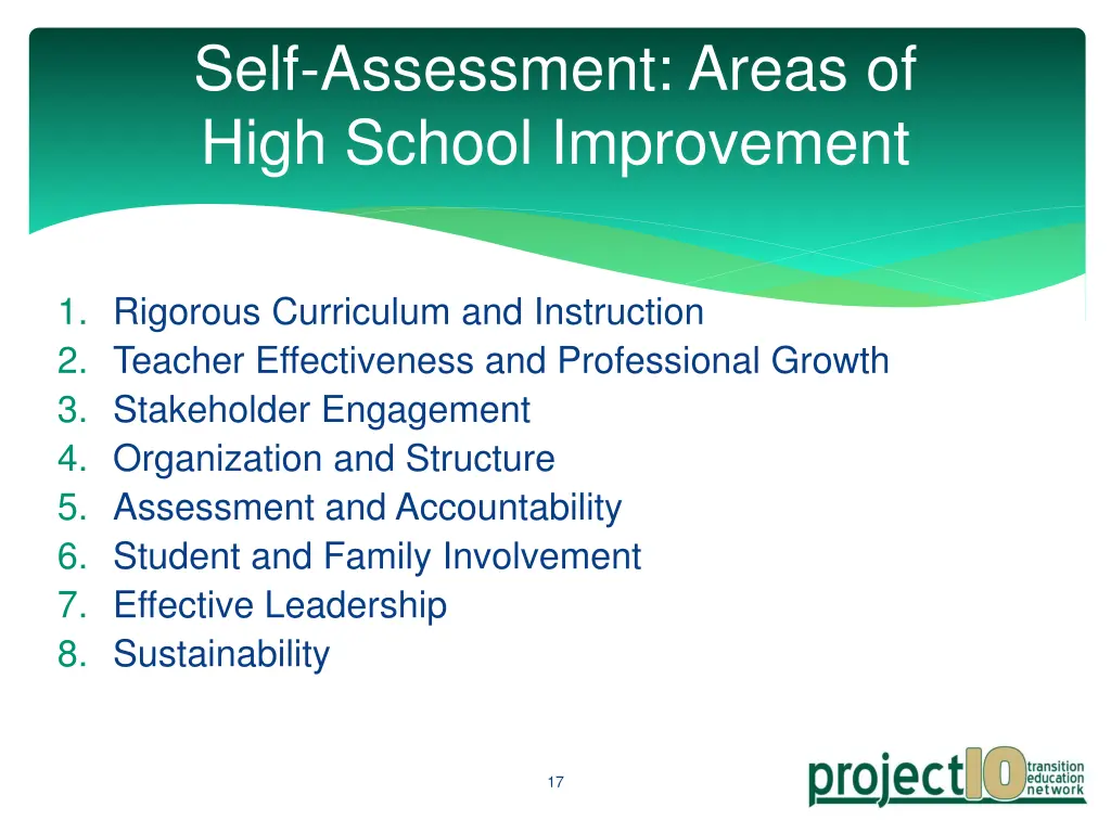 self assessment areas of high school improvement