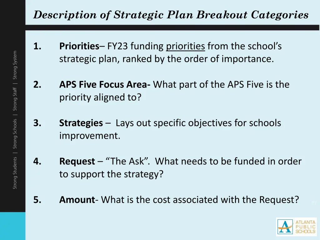 description of strategic plan breakout categories