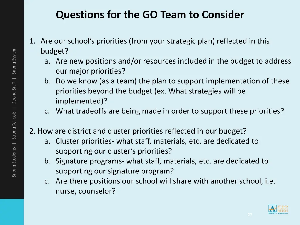 questions for the go team to consider