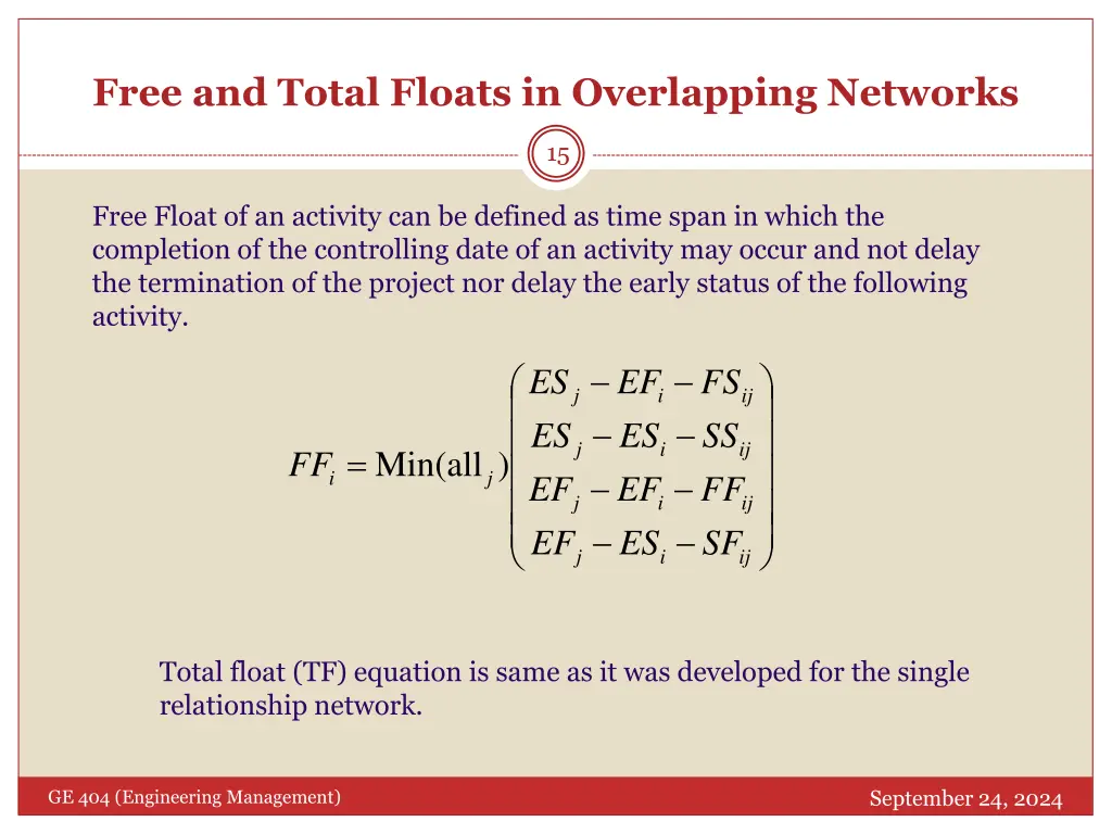 free and total floats in overlapping networks