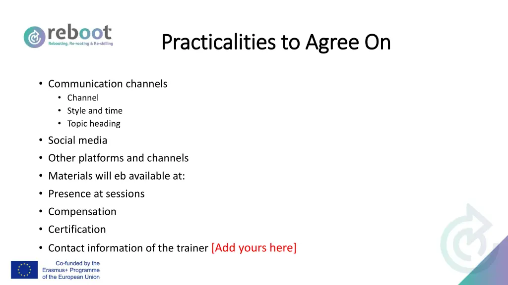 practicalities to agree on practicalities