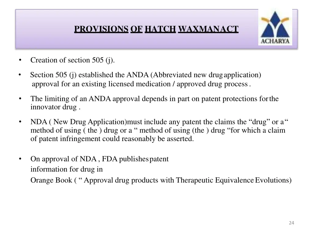 provisions of hatch waxmanact