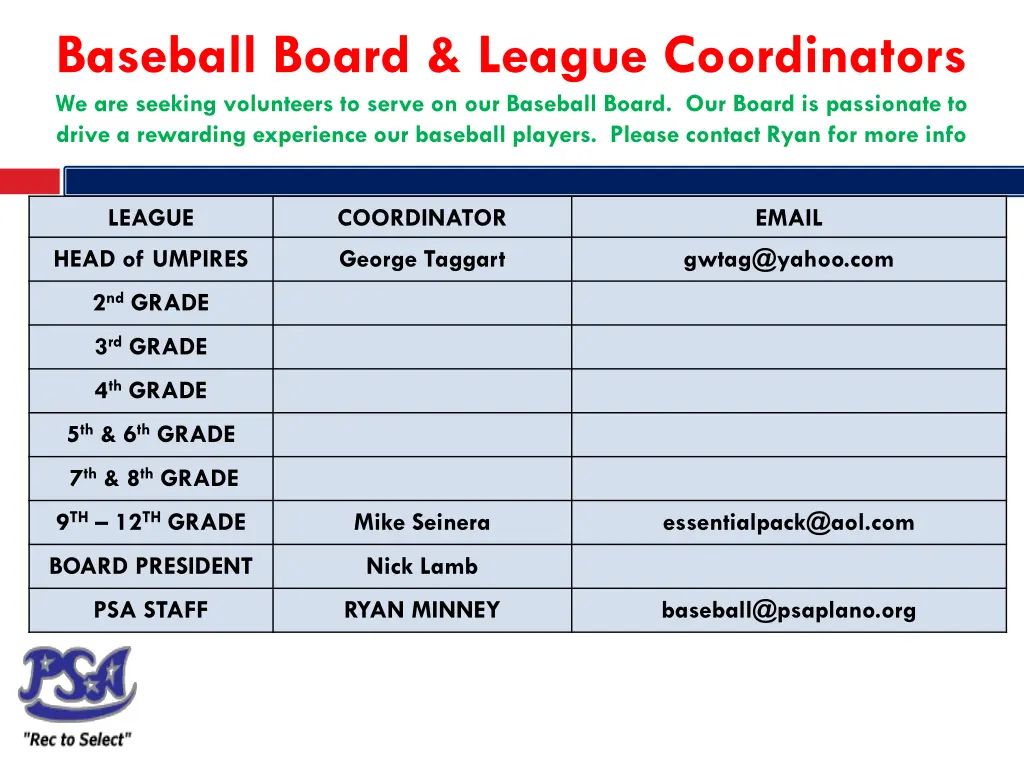 baseball board league coordinators we are seeking