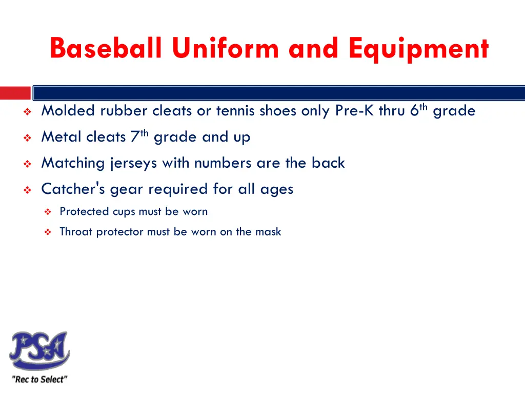 baseball uniform and equipment