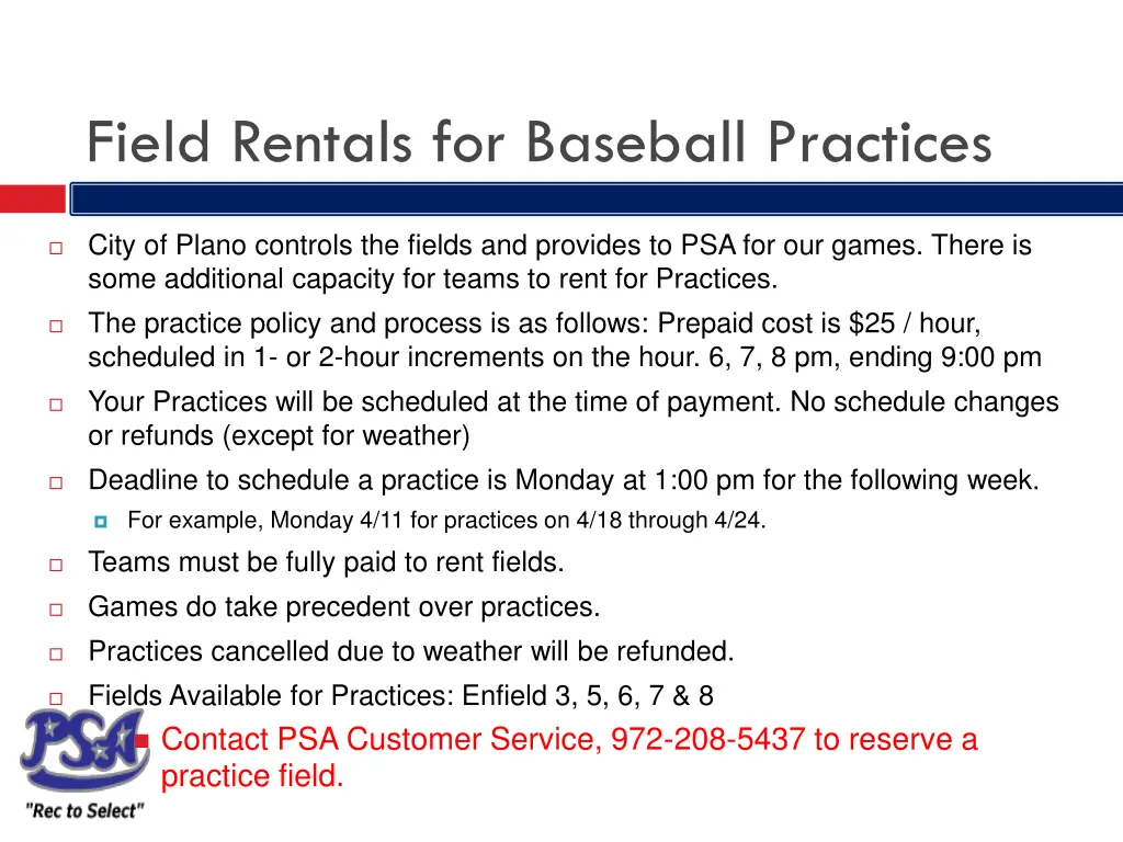 field rentals for baseball practices