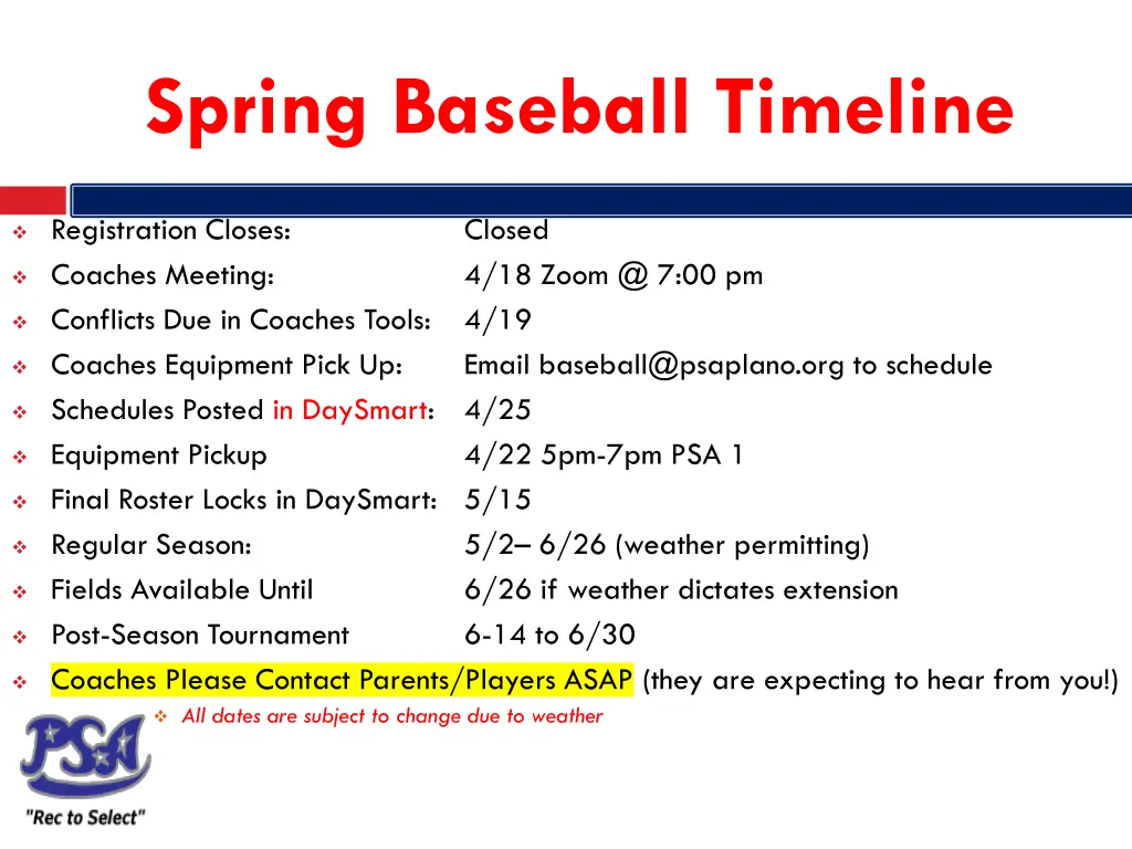 spring baseball timeline