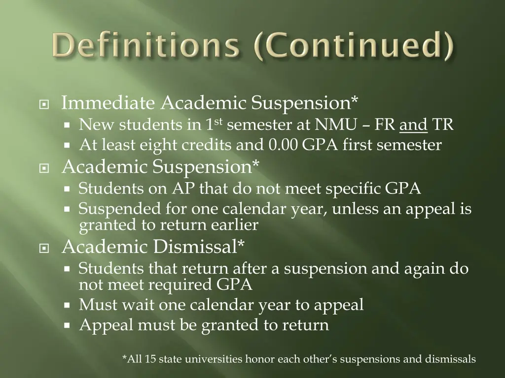 immediate academic suspension new students