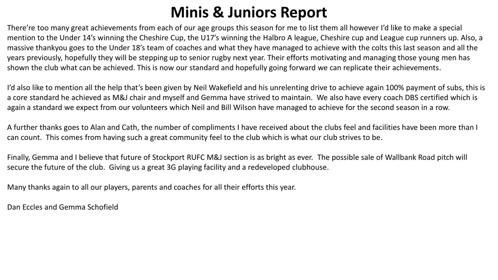 minis juniors report