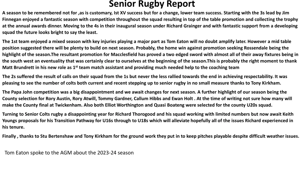 senior rugby report