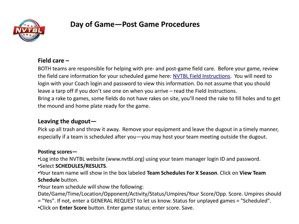 day of game post game procedures