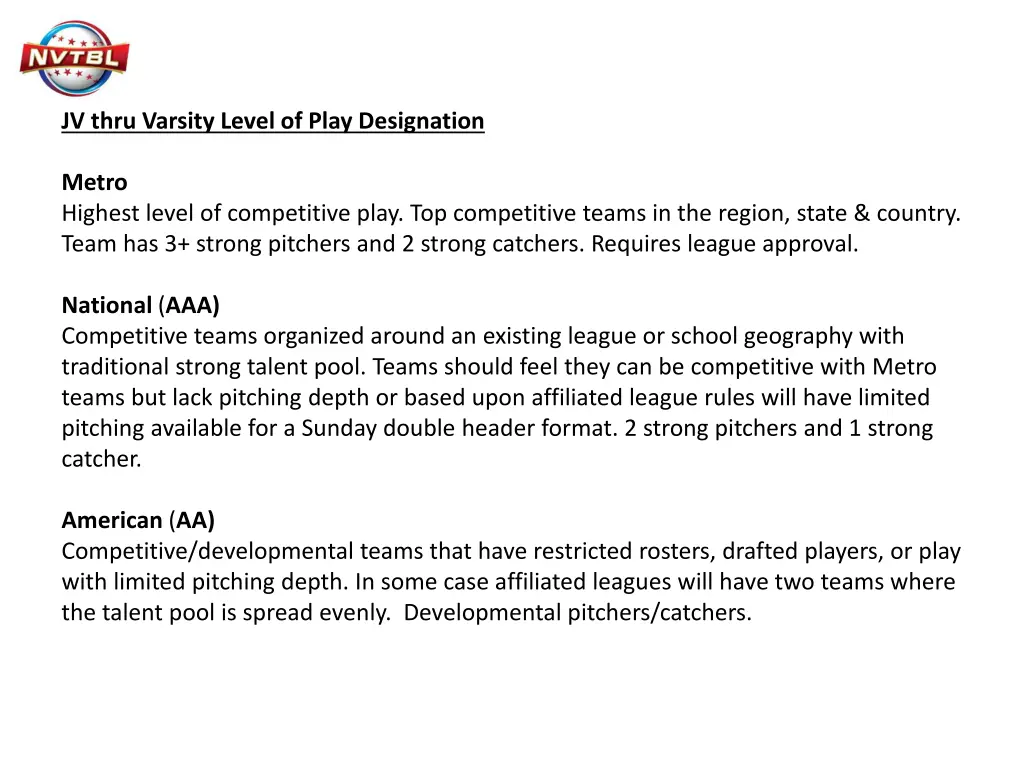 jv thru varsity level of play designation