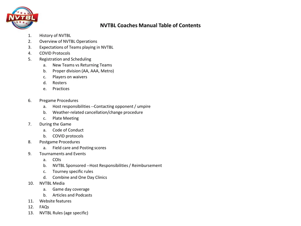 nvtbl coaches manual table of contents