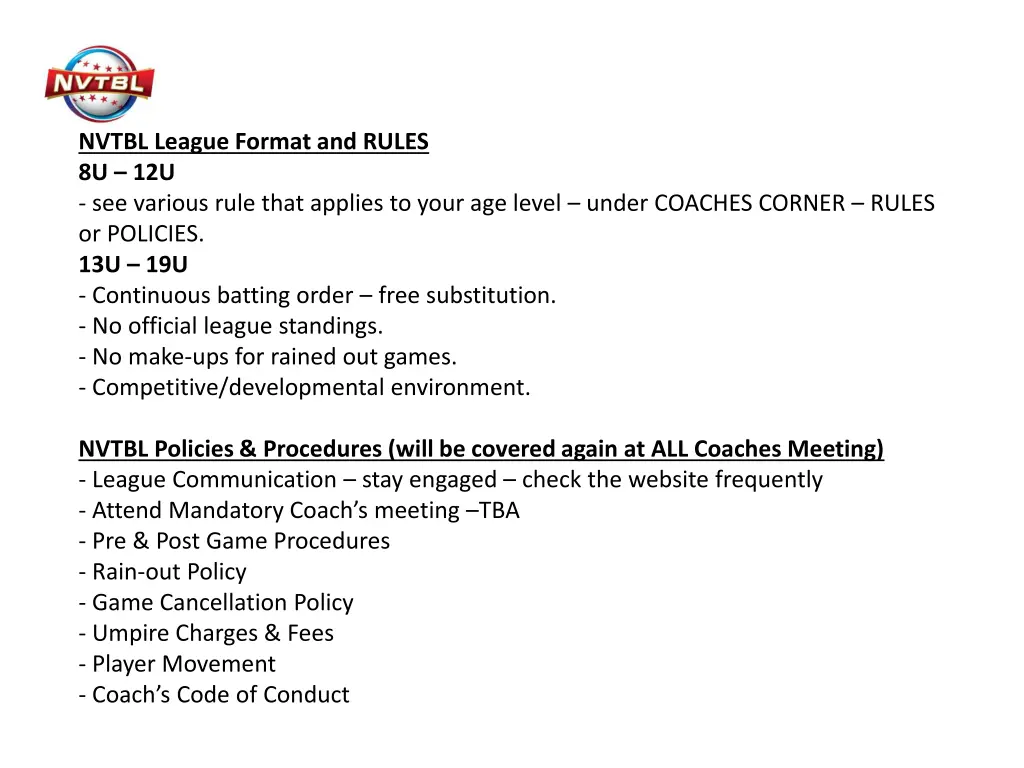 nvtbl league format and rules 8u 12u see various