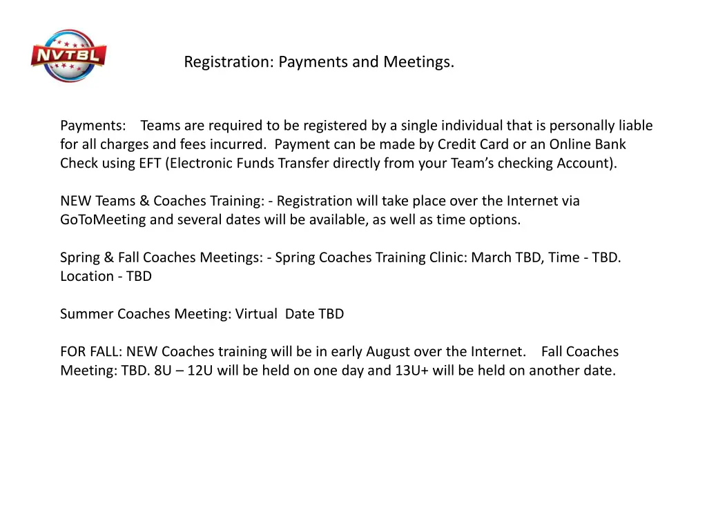 registration payments and meetings