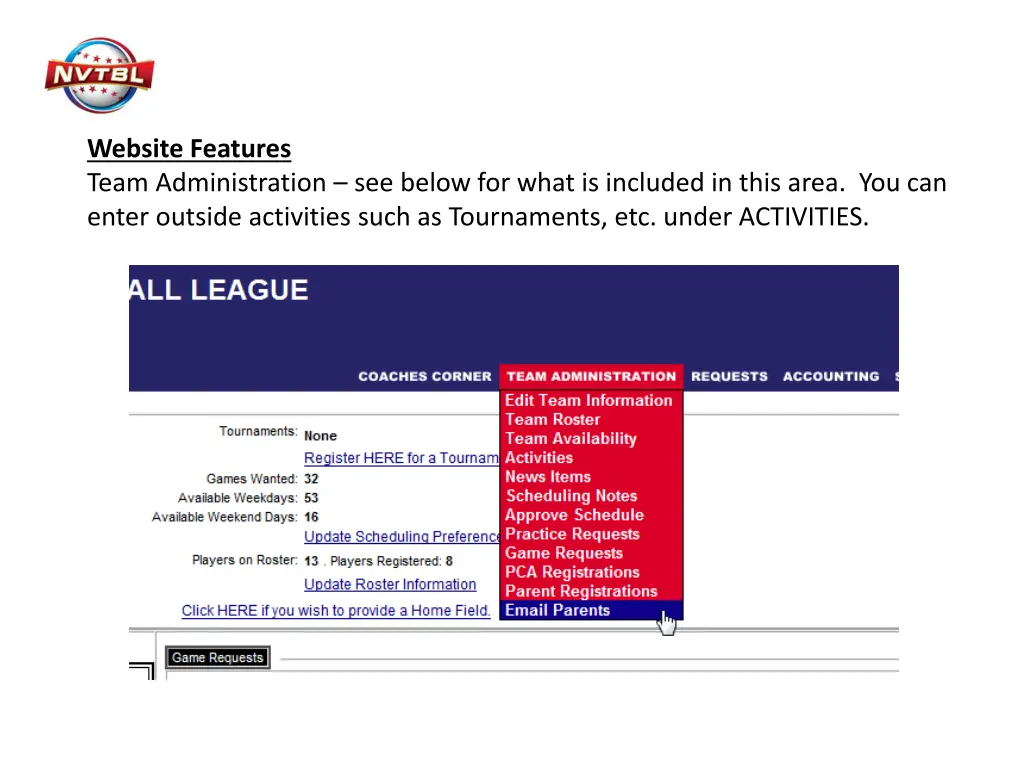 website features team administration see below