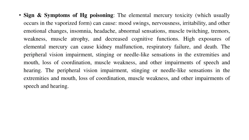 sign symptoms of hg poisoning the elemental