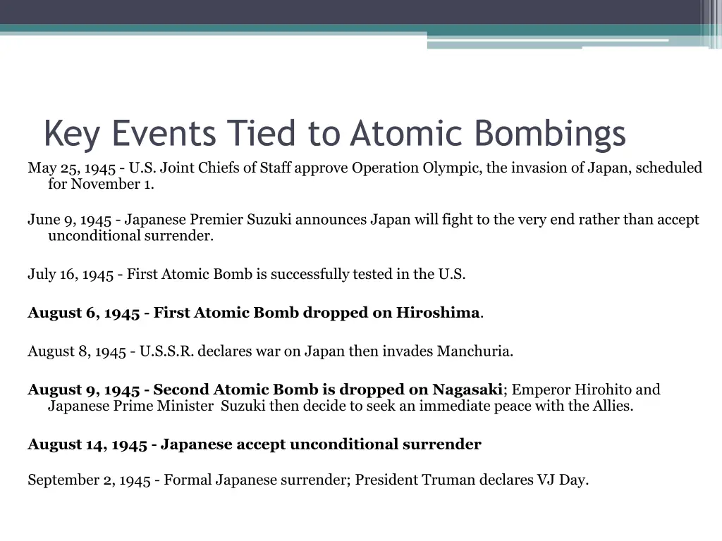 key events tied to atomic bombings may 25 1945