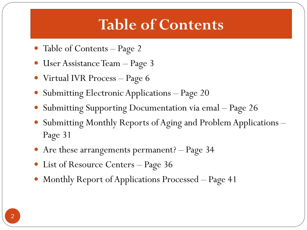 table of contents