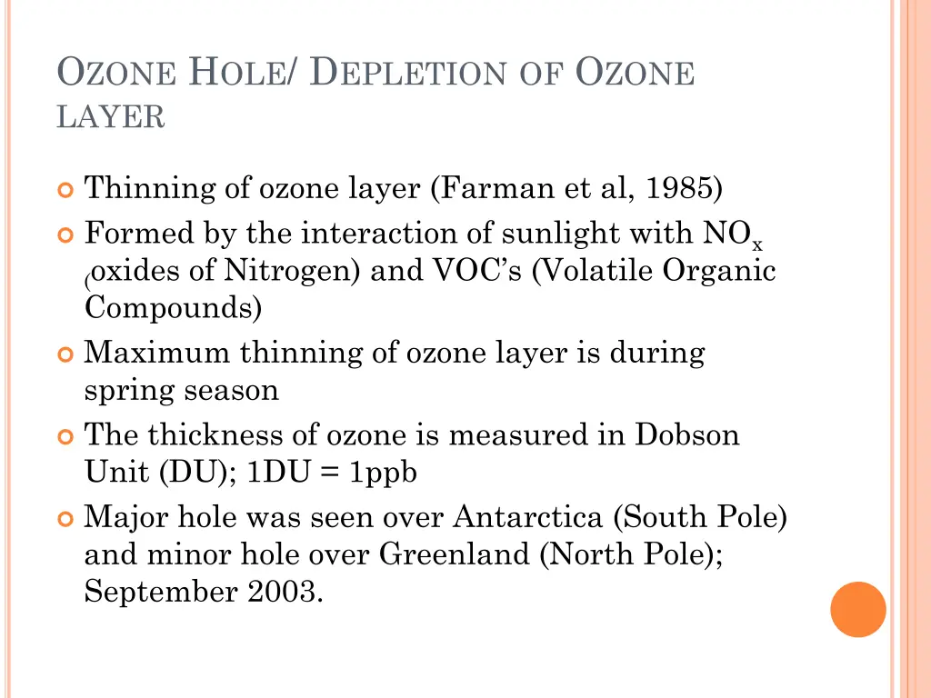 o zone h ole d epletion of o zone layer