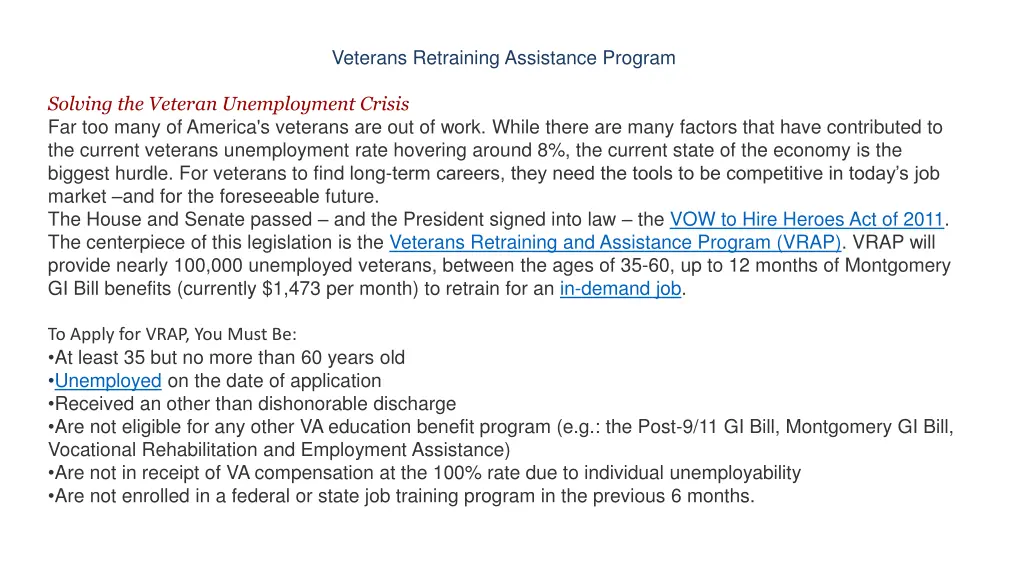 veterans retraining assistance program