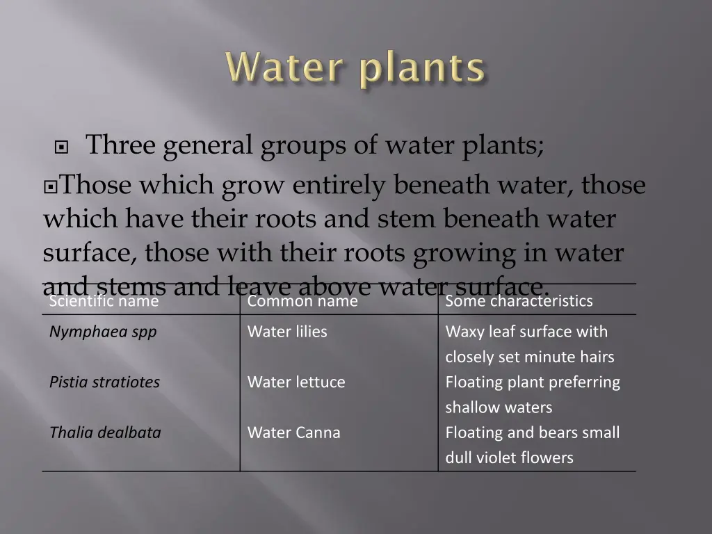 three general groups of water plants those which