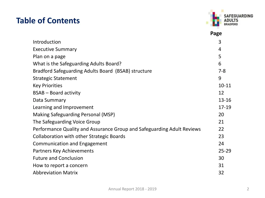 table of contents