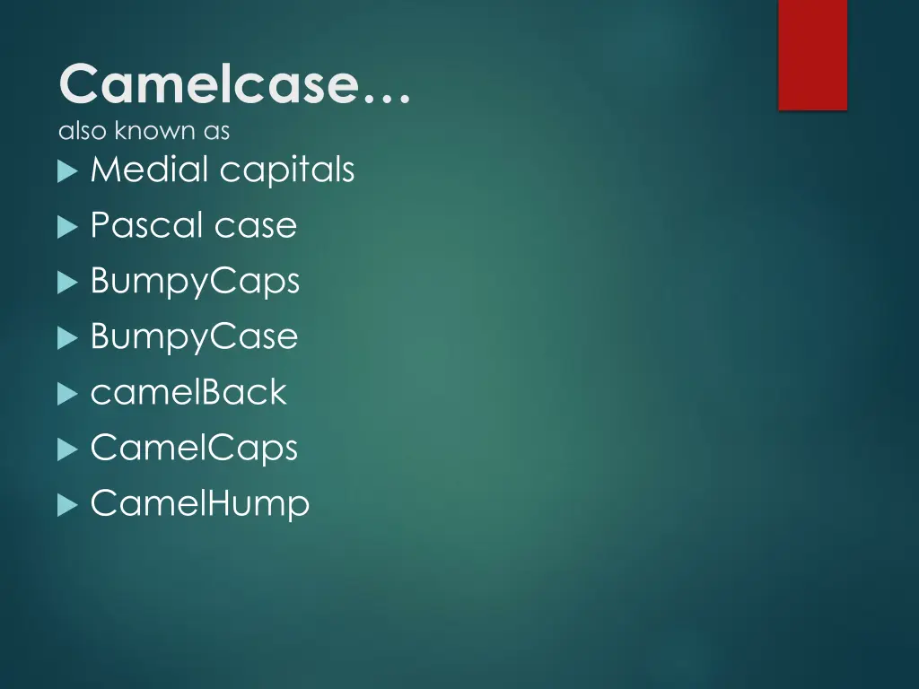 camelcase also known as medial capitals pascal