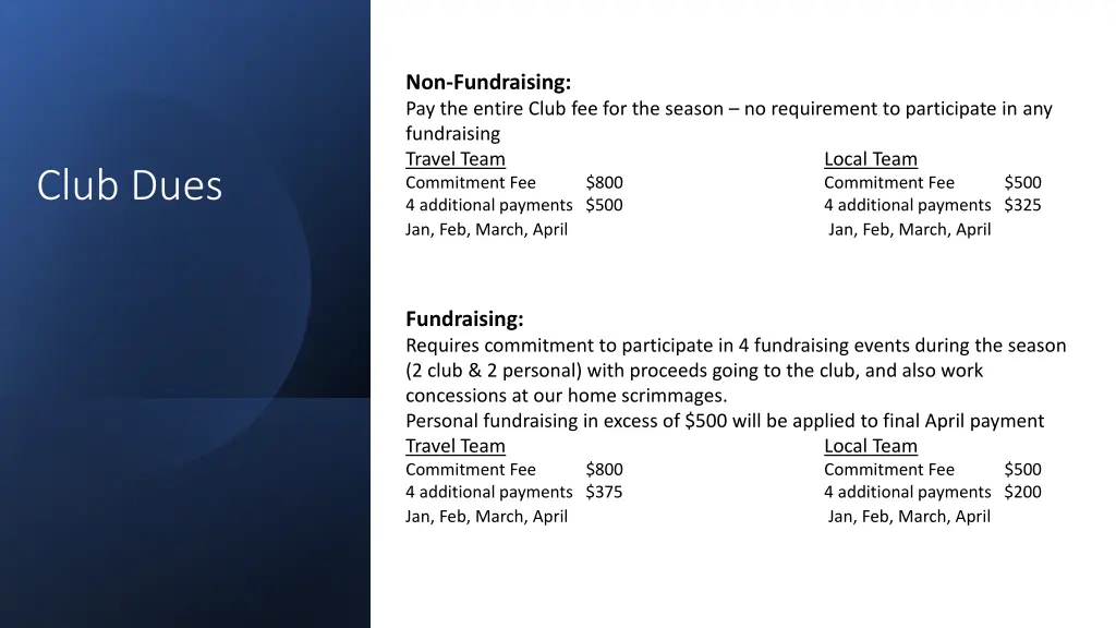 non fundraising pay the entire club