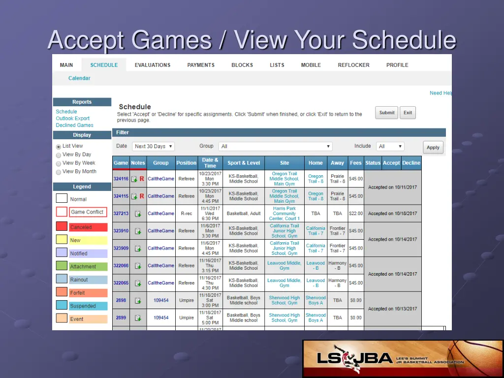 accept games view your schedule