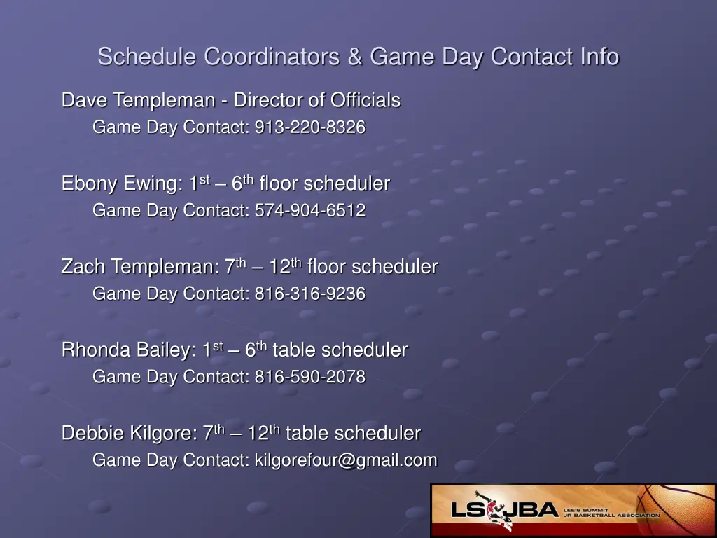 schedule coordinators game day contact info