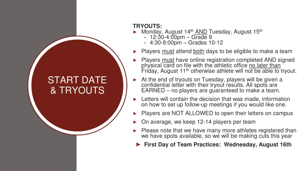 tryouts monday august 14 th and tuesday august