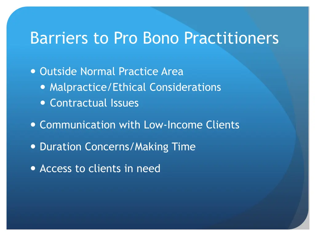 barriers to pro bono practitioners 1