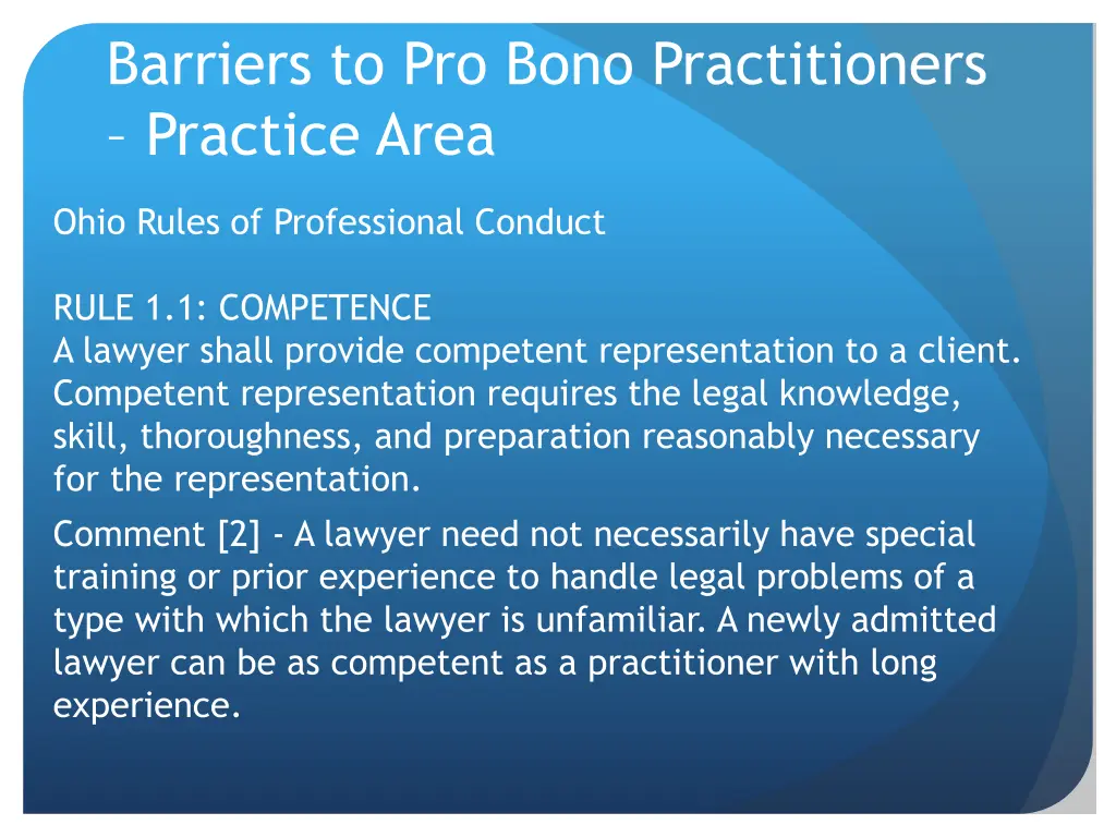 barriers to pro bono practitioners practice area 1