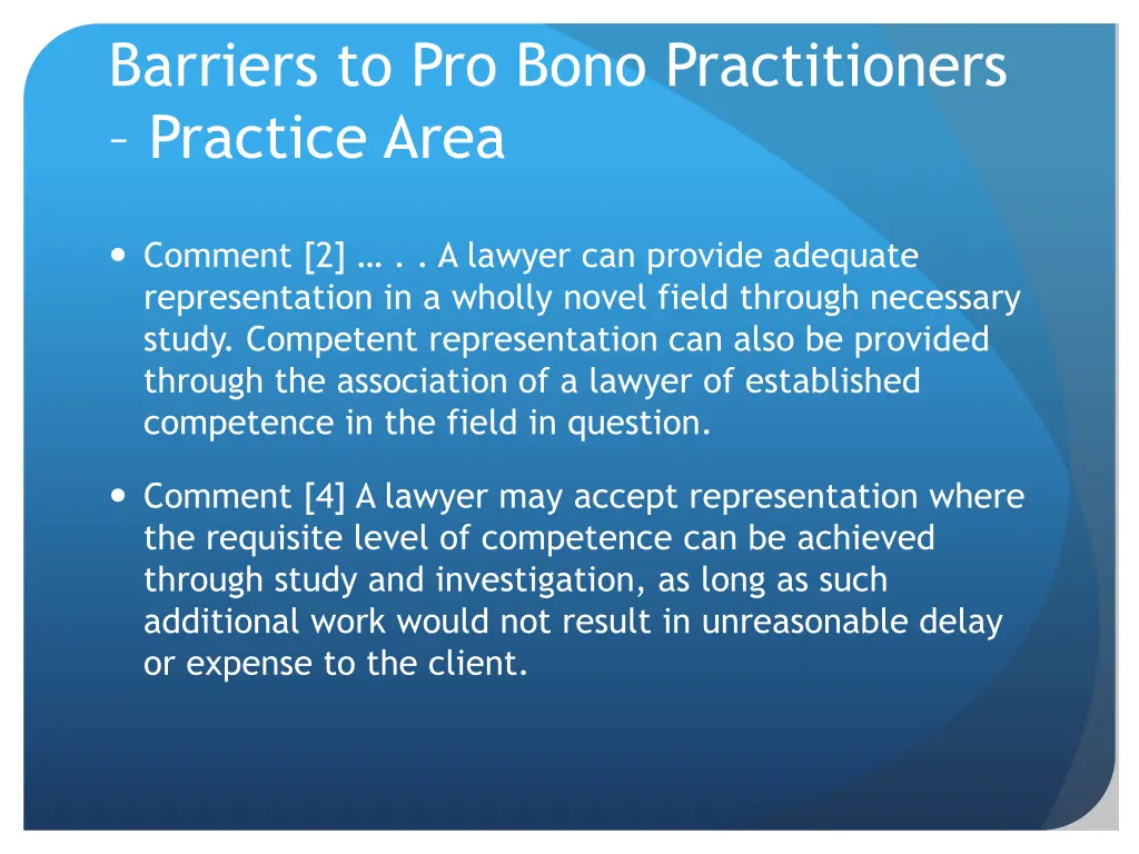 barriers to pro bono practitioners practice area 2