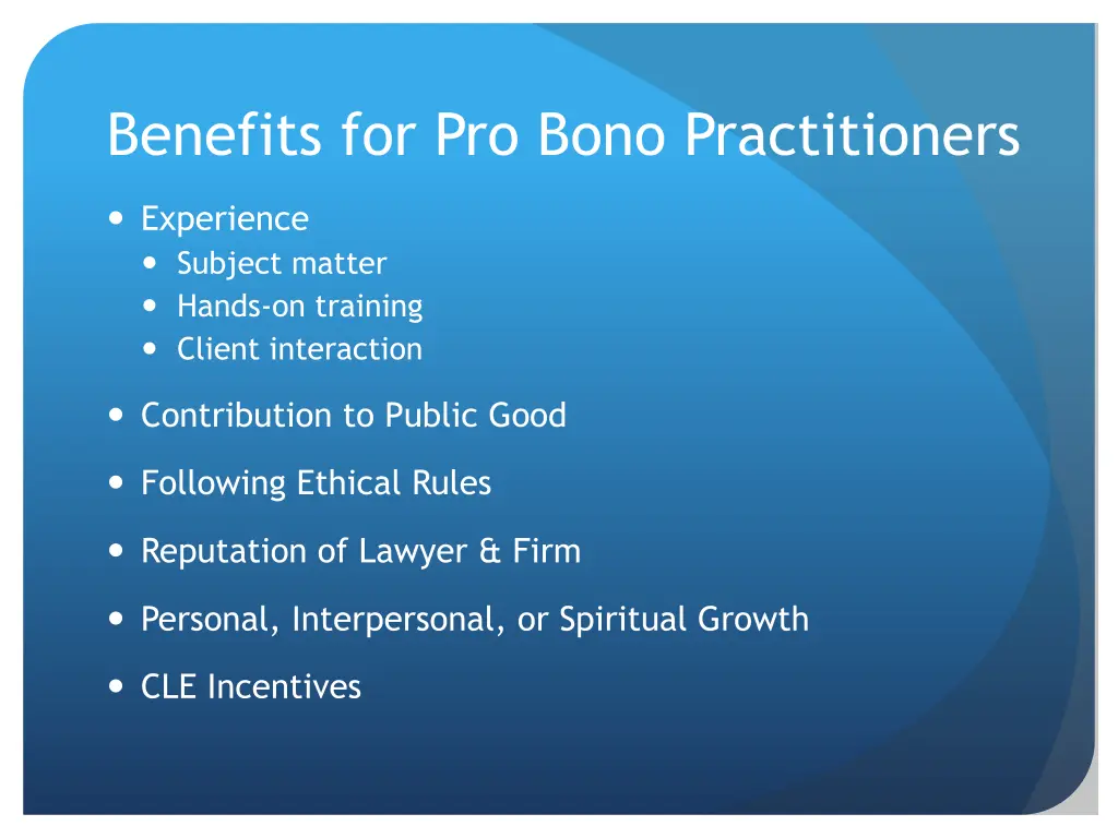 benefits for pro bono practitioners 1