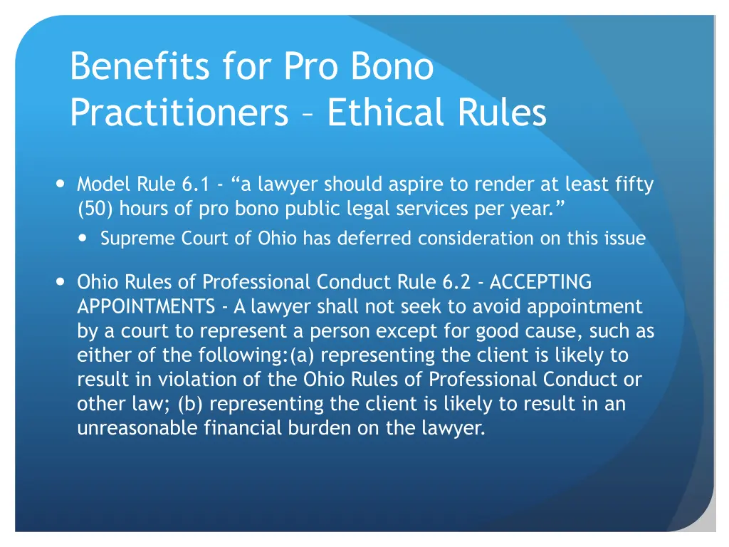 benefits for pro bono practitioners ethical rules