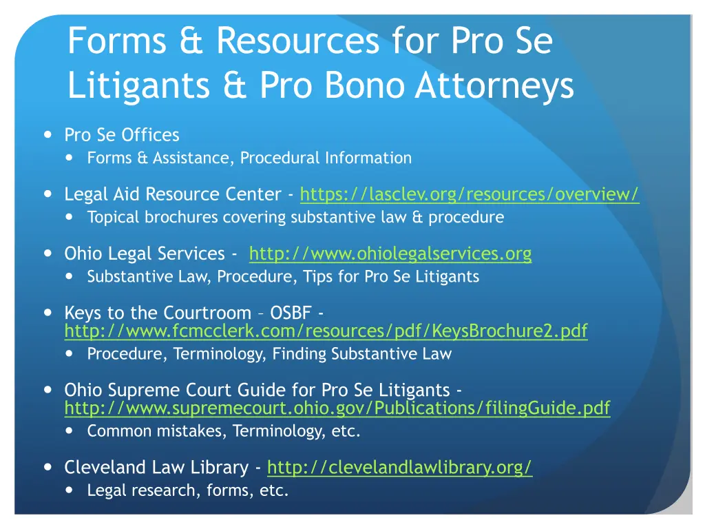 forms resources for pro se litigants pro bono