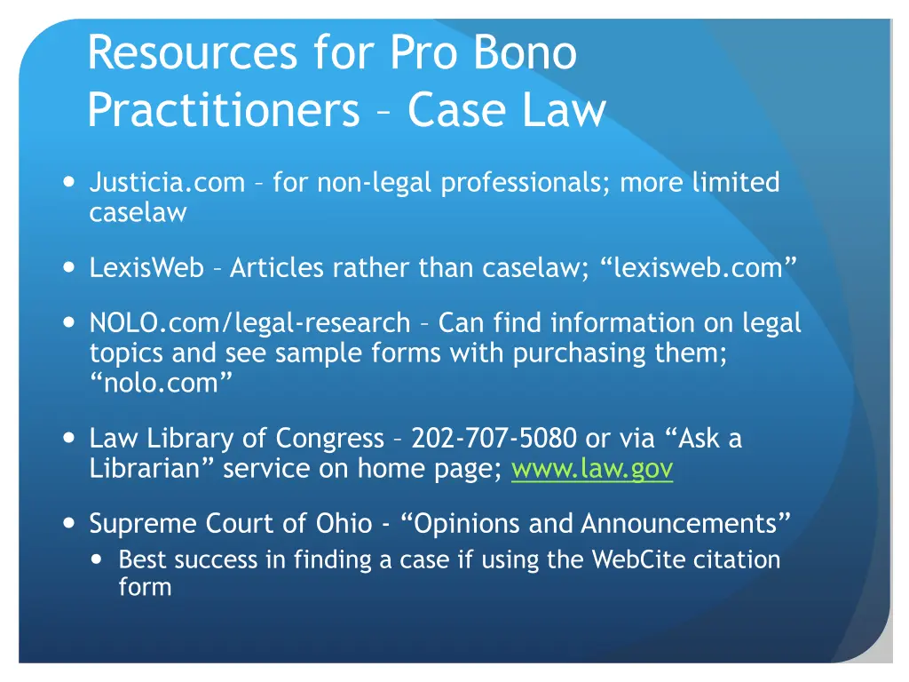 resources for pro bono practitioners case law 1